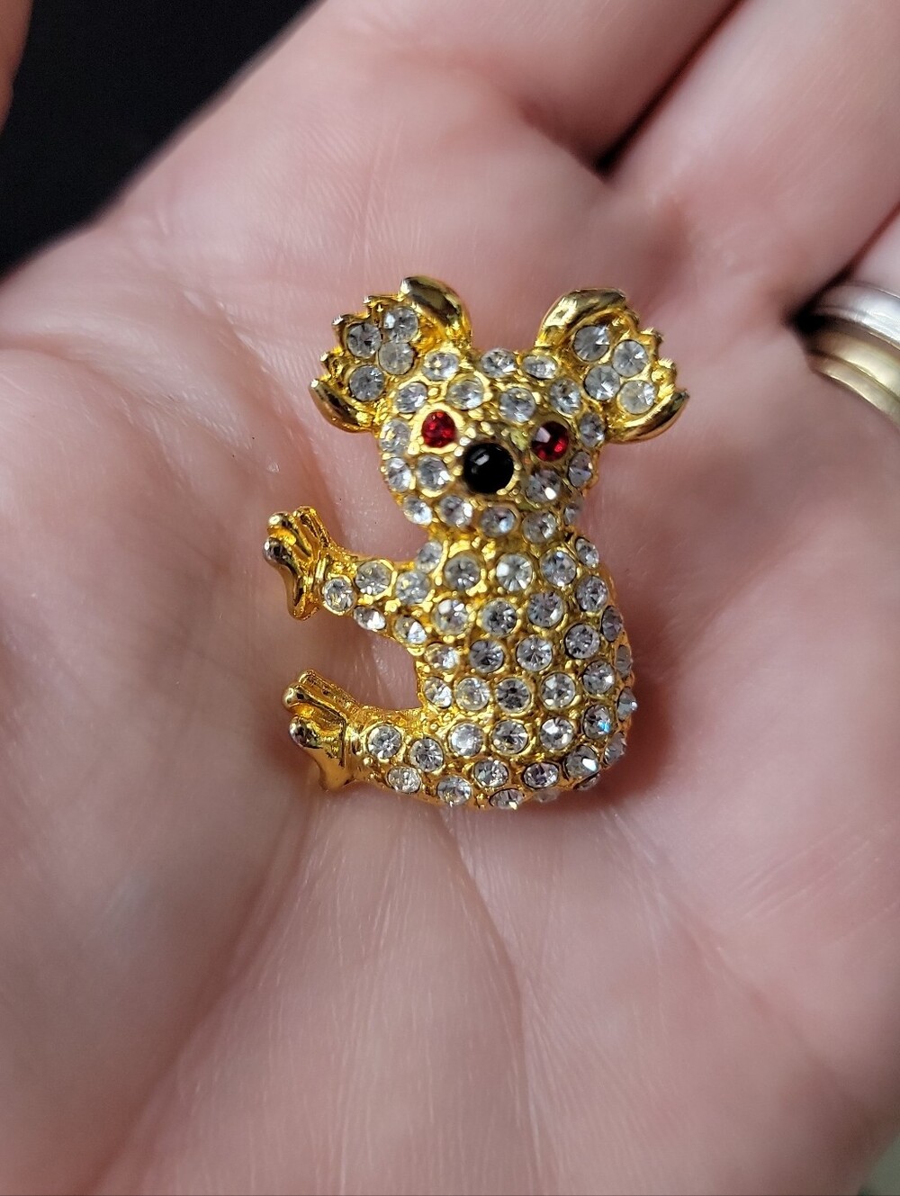 Source Unknown Gold-Tone Rhinestone Koala Brooch with Clear and Red Accents
